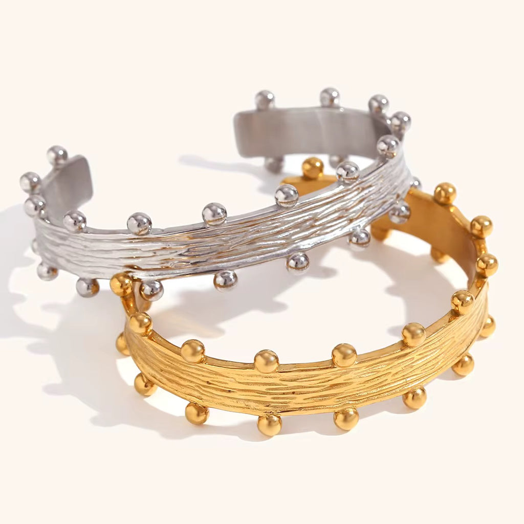Brazalete abierto de acero inoxidable dorado de 18 quilates con textura cepillada fundida, brazalete con cuentas de Metal de doble cara, joyería para mujer