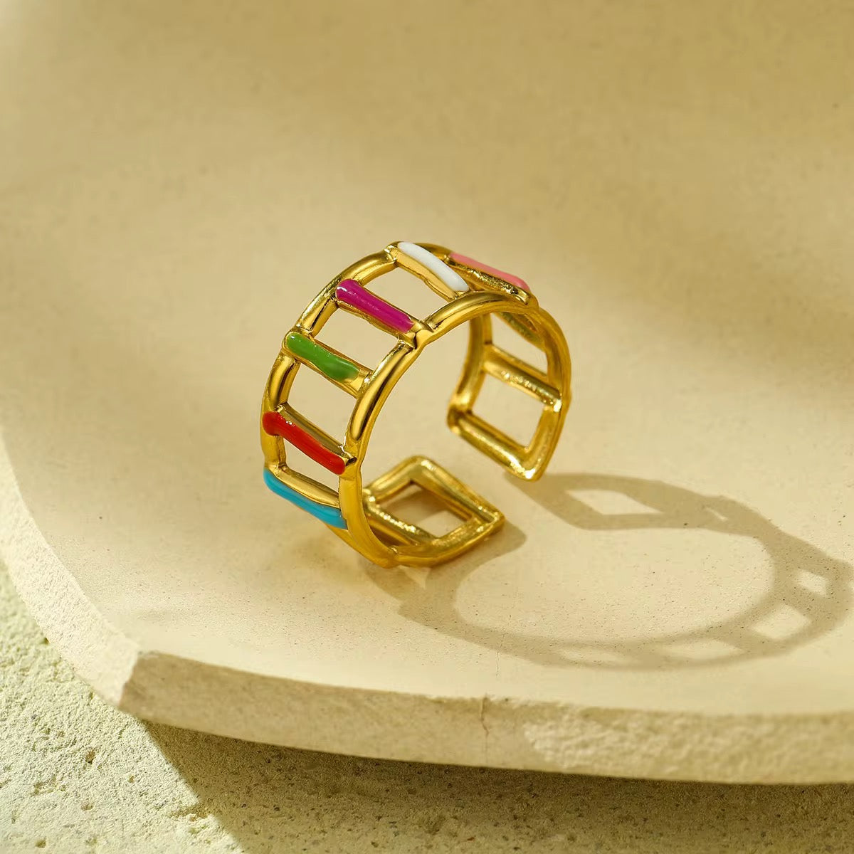 Nueva tendencia, anillo de aceite de goteo de color geométrico de acero inoxidable chapado en oro de 18 quilates, anillos irregulares de moda