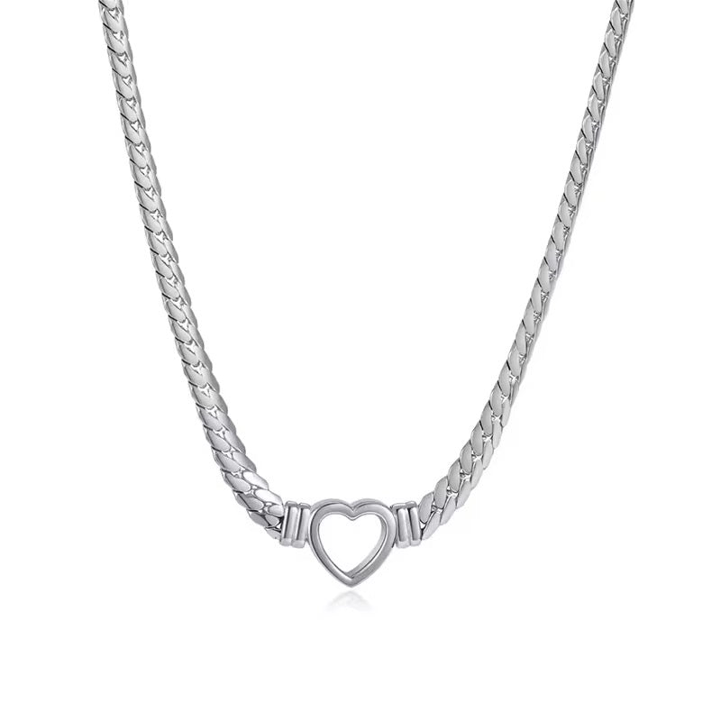Acero inoxidable Chapado en platino Cadena cubana Hueco Boda Amor Corazón Collar No deslustre